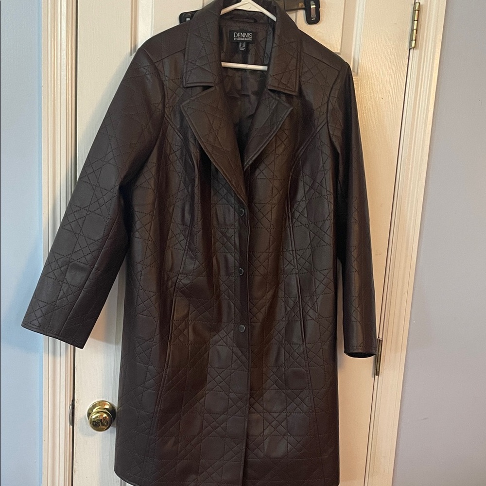 dennis basso Brown Quilted Vegan Leather Long Coat NWOT